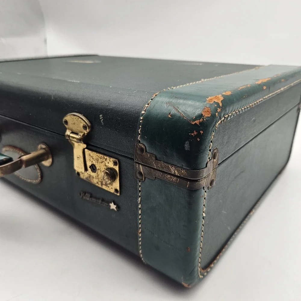 Vintage White Star Hard Shell Suitcase Luggage Green Celanese Lined Made USA 40s